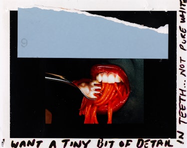 Miles Aldridge's polaroid featuring a mouth with a fork and spaghetti and a text frame