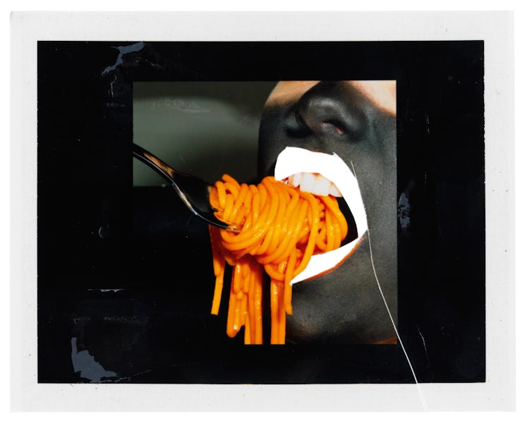 Miles Aldridge's polaroid featuring a mouth full of spaghetti and a fork