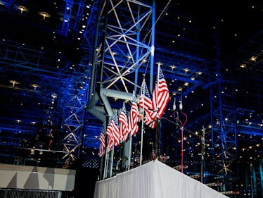 American flags lined up next to each other on the election night rally stage 