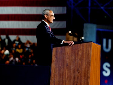 A man speaking at the stand during Hillary Clinton's election night party