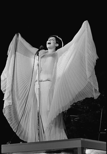 Streisand dressed in a flowing gown as she performs at a concert