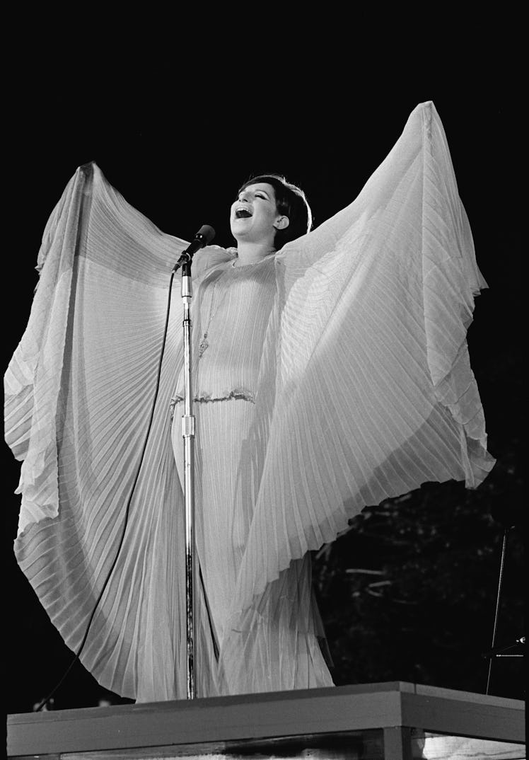 Streisand dressed in a flowing gown as she performs at a concert
