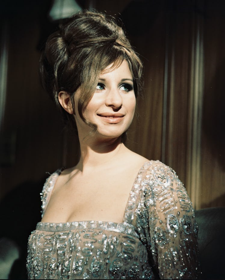 Barbra wearing an elegant bun hairstyle and a silver sequin dress