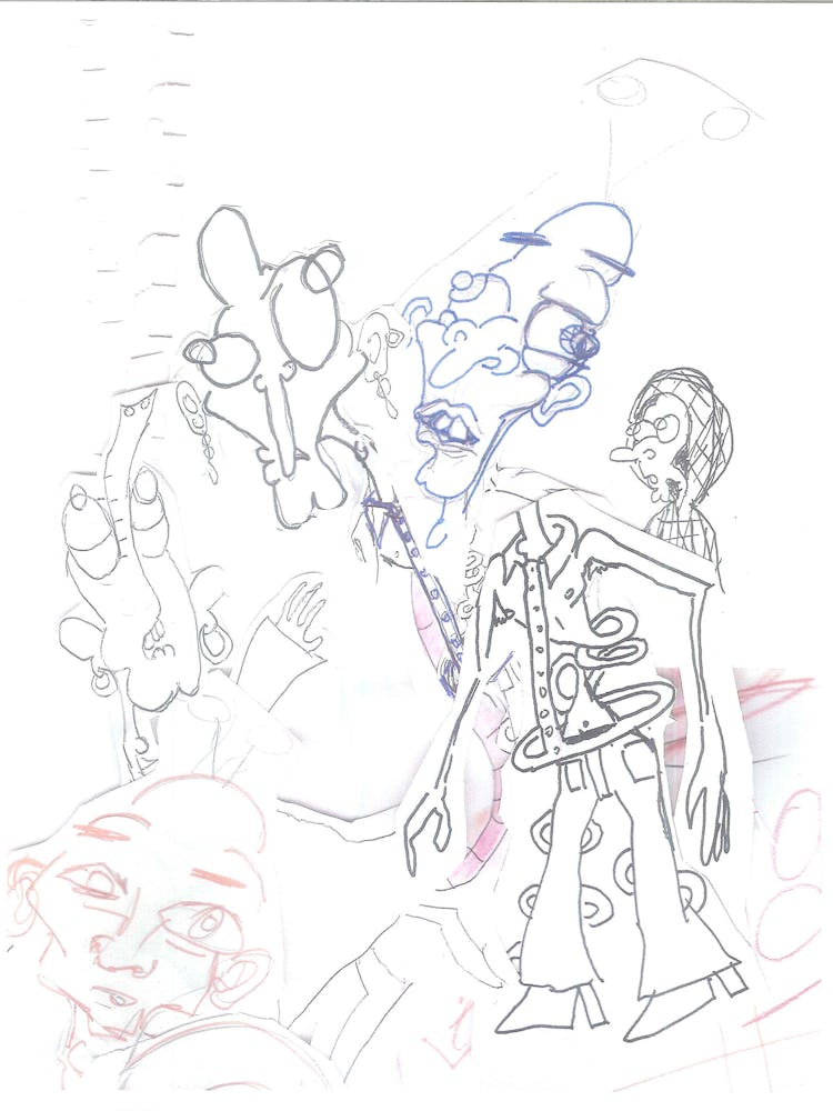 A doodle of a skeleton wearing a tie, pants and heels surrounded by various versions of itself in di...