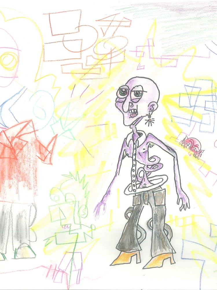 A doodle of a skeleton wearing a tie, black pants and yellow heels and statement earrings 
