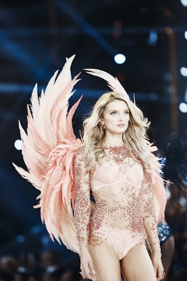 Lily Donaldson in a peach lace sequin bodysuit and wings at the Victoria's Secret Fashion Show 2016