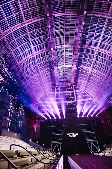 The runway at the Victoria's Secret Fashion Show 2016 before the show with purple lights and empty s...