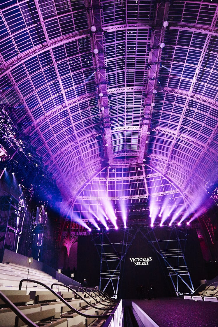 The runway at the Victoria's Secret Fashion Show 2016 before the show with purple lights and empty s...