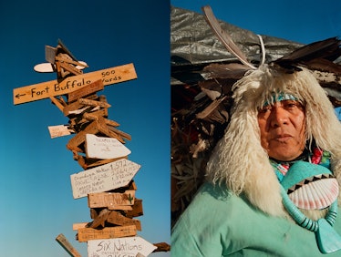The Native American woman next to the sign reading "Fort Buffalo.'