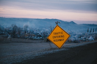 A sign reading ' Traffic entering highway' at Standing Rock