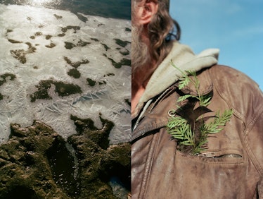 A man with a green plant branch in his pocket next to the frozen ground at Standing Rock