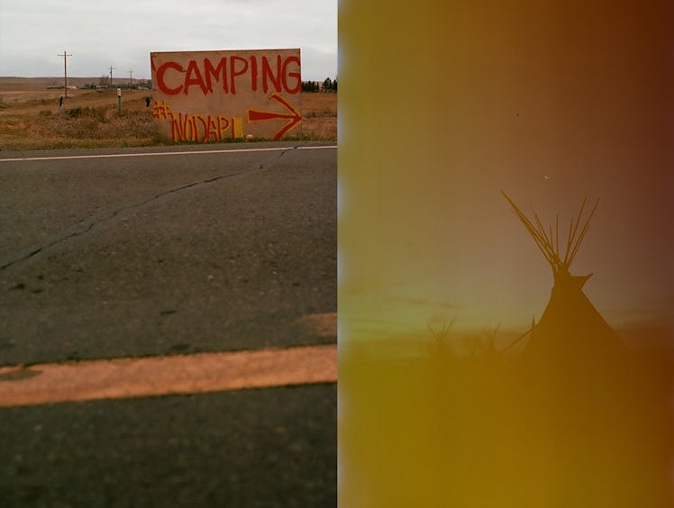 A collage with a sign reading 'camping' and a tent at the Oceti Sakowin camp near the Standing Rock ...