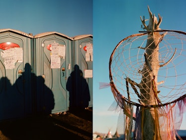 A collage with shadows reflecting on portable toilets and a dream catcher hanging on a tree