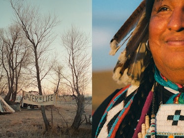 A collage with a Native American woman smiling and a sign reading ' Water is life' hanged on the tre...