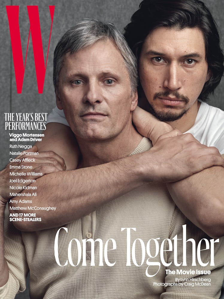 Viggo Mortensen in a beige shirt and Adam Driver in a white shirt on the cover of W Magazine