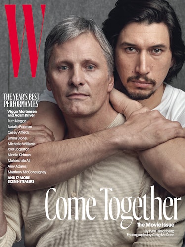 Viggo Mortensen in a beige shirt and Adam Driver in a white shirt on the cover of W Magazine