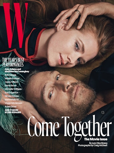 Amy Adams in a black top and Matthew McConaughey in a black shirt on the cover of W Magazine