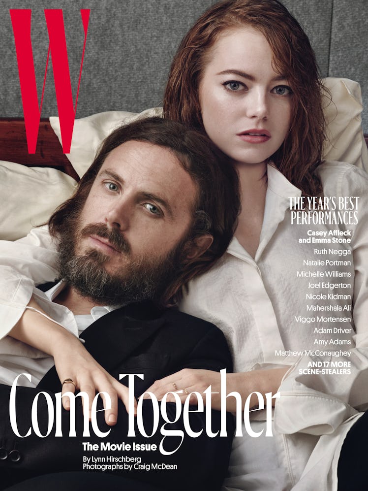 Emma Stone in a white shirt and Casey Affleck in a black blazer on the cover of W Magazine