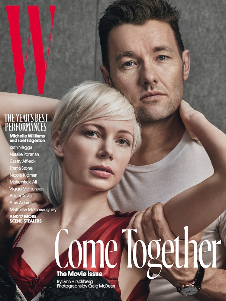 Michelle Williams in a red top and Joel Edgerton in a white shirt on the cover of W Magazine