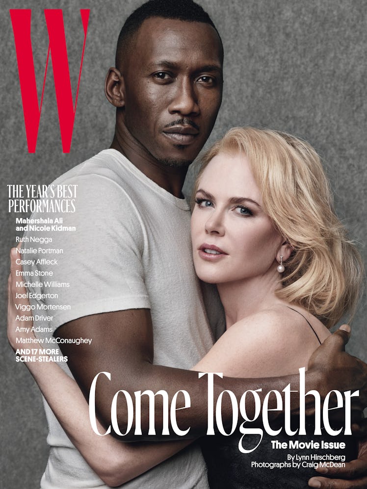 Mahershala Ali in a white shirt and Nicole Kidman in a black top on the cover of W Magazine