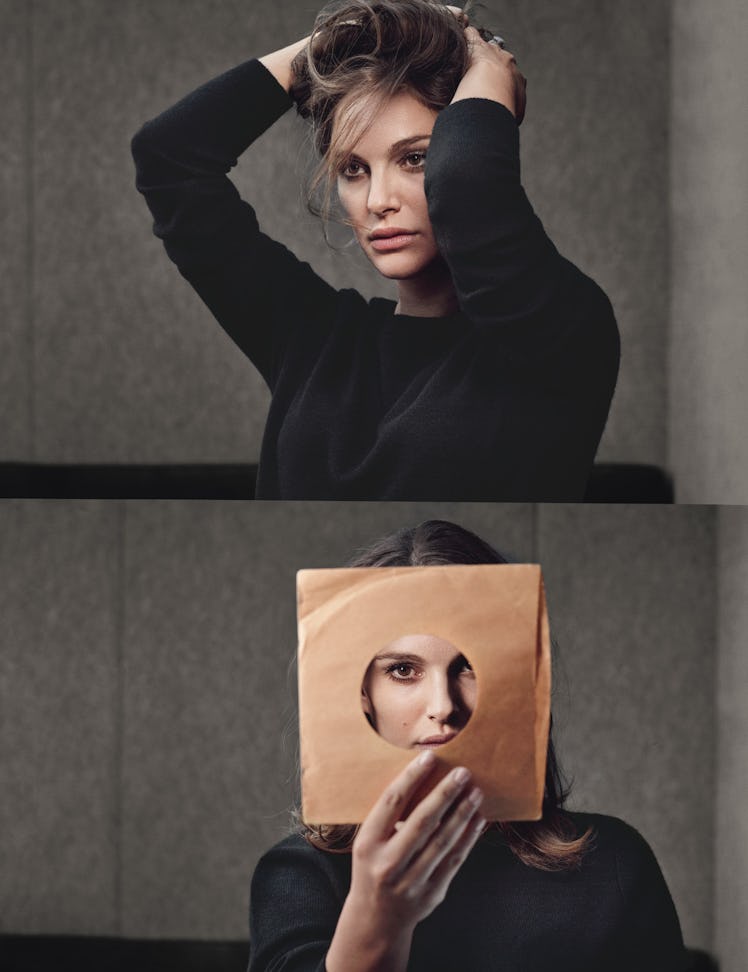 A two-part collage with Natalie Portman in a black turtleneck with her hair up and looking through a...