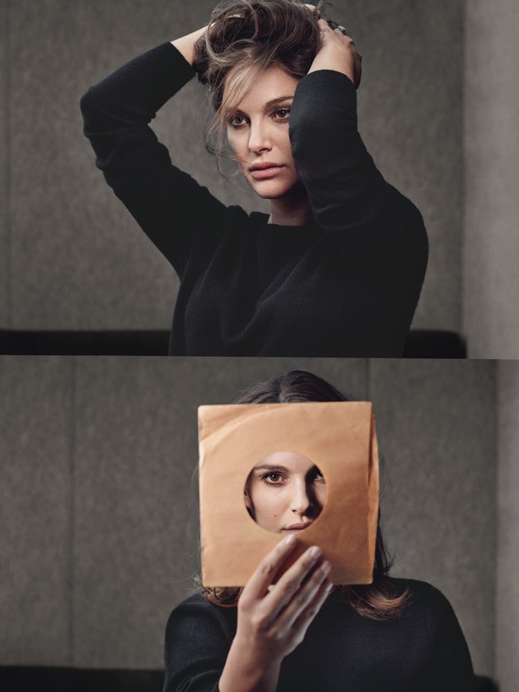 A two-part collage of Natalie Portman with her hands on her head and her looking through a cut-out p...