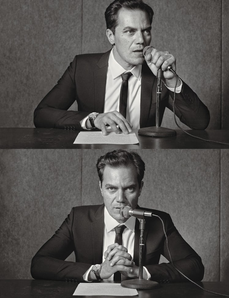 A two-part portrait collage of Michael Shannon sitting in front of a microphone on a table