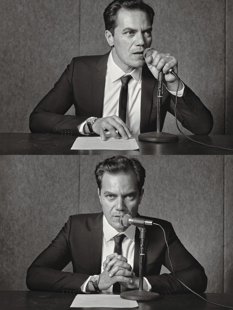 A two-part collage of Michael Shannon sitting and posing behind a microphone on a table