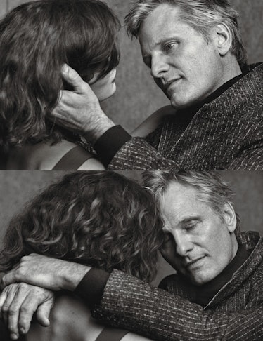 A two-part collage of Viggo Mortensen holding a woman's face and hugging her