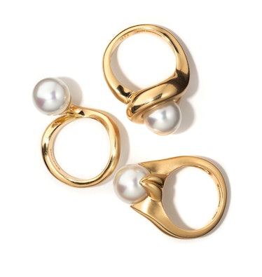 Angela Cummings for Assael gold and South Sea cultured pearl rings, prices upon request, select Neim...