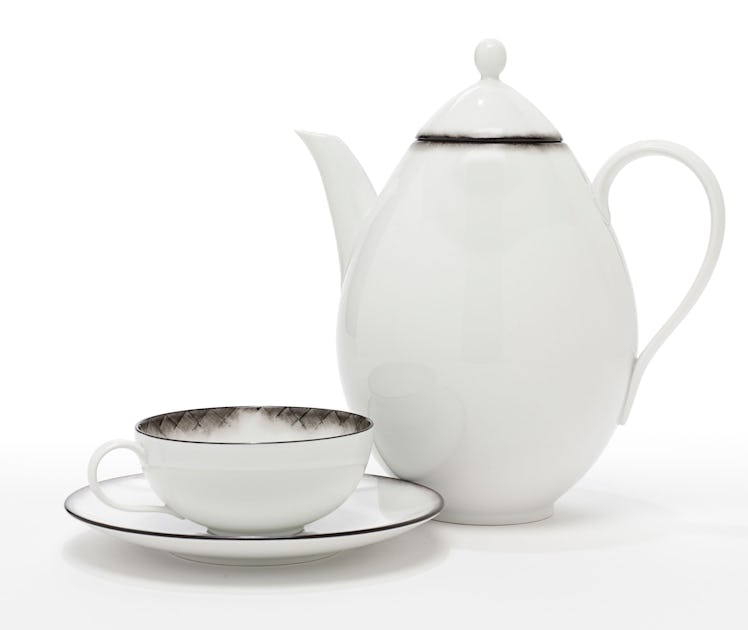 Bottega Veneta tea cup, $290, saucer, $90, and teapot, $520, bottegavenea.com.