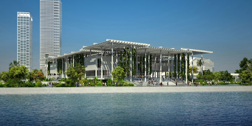 A rendering of the museum seen from the bay.