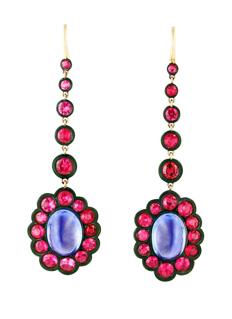 James de Givenchy for Taffin gold, steel, sapphire, and spinel earrings, $50,000, by appointment, Ta...