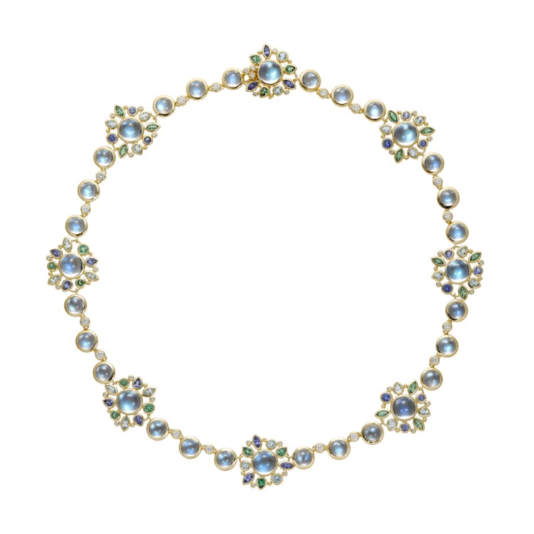 Temple St. Clair gold, moonstone, aquamarine, tanzanite, tsavorite, and diamond necklace,$42,500, Sa...