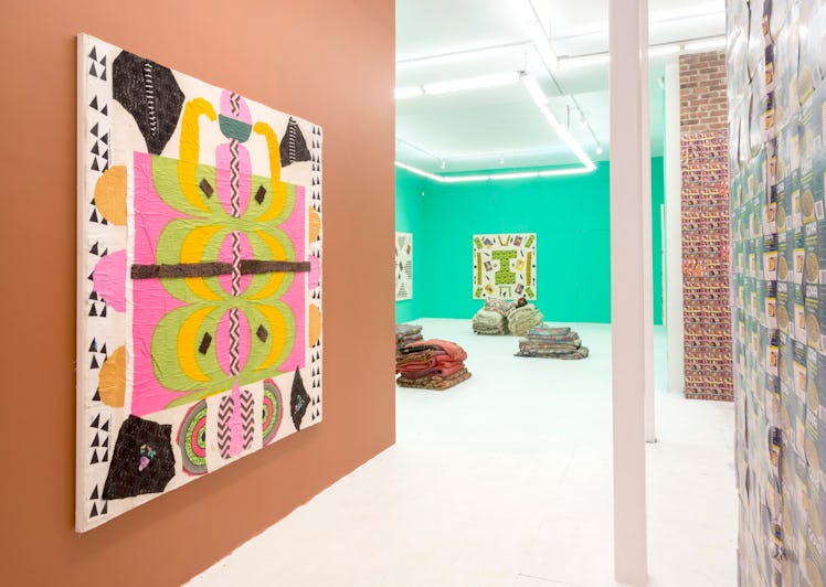 An installation view featuring "Marrimekko," 2013 by Katherine Bernhardt. Courtesy of The Hole.