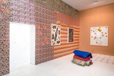 A view of the installation featuring works by Katherine Bernhardt and Youssef Jdia. Courtesy of The ...