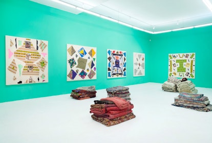 A view of the installation featuring works by Katherine Bernhardt and Youssef Jdia. Courtesy of The ...