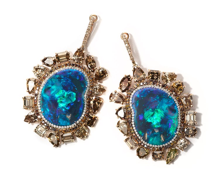 Kimberly McDonald gold, opal, and diamond earrings, price upon request, Kimberly McDonald, West Holl...