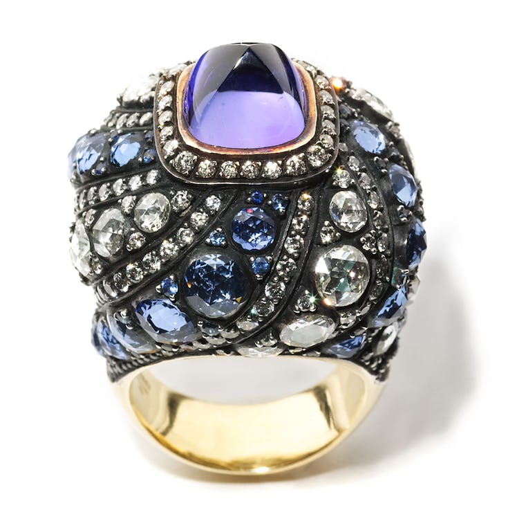 Gilan gold, tanzanite, sapphire, and diamond ring, $65200, [Bergdorf Goodman](http://www.bergdorfgoo...