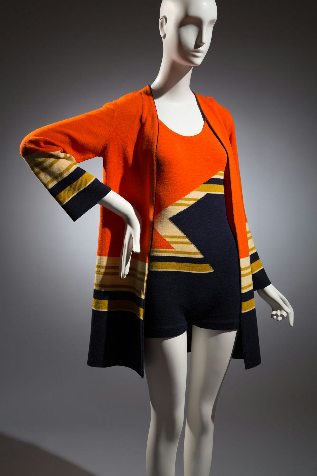 Munchen bathing suit
“This was made early in the decade, before synthetics were popular. But you can see where swimwear is going: more body conscious, more fashion conscious. The refinement of sportswear in this period is really striking. You get better quality activewear, more revealing, much more fitted. It becomes a fashion statement.” —P. M.