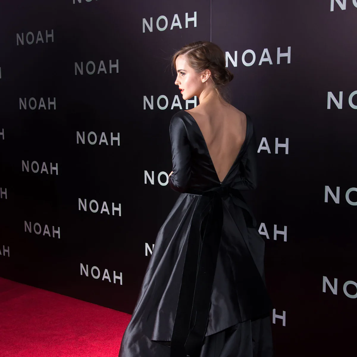 emma watson black dress red carpet Emma Watson Black Satin 3/4 Sleeve Prom Dress