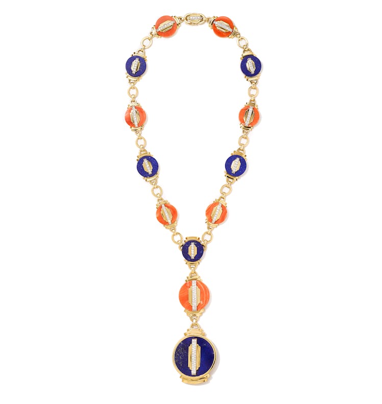 David Webb platinum, gold, coral, lapis, and diamond necklace