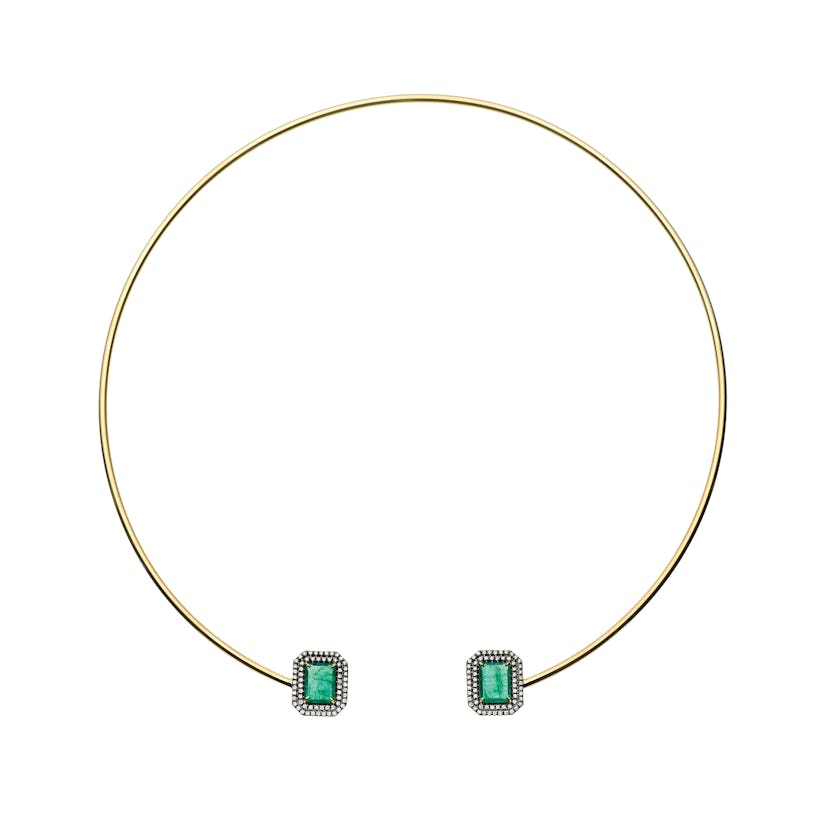 Jemma Wynne 18k yellow gold, Gemfields Zambian emerald, and diamond collar