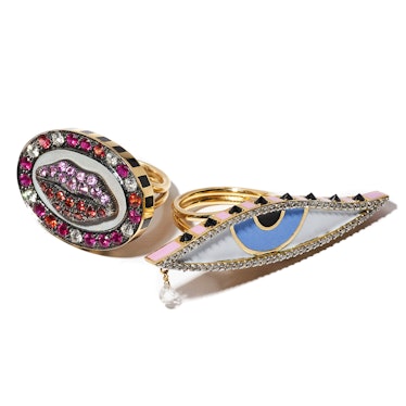Holly Dyment gold, sapphire, ruby, and diamond lip ring