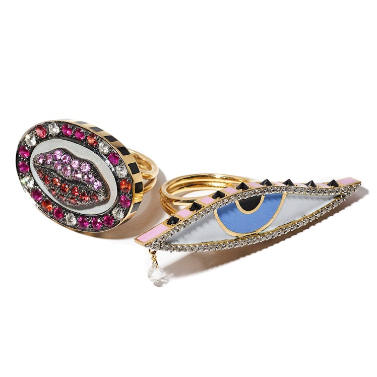 Holly Dyment gold, sapphire, ruby, and diamond lip ring