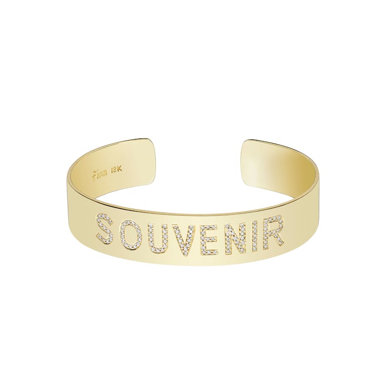 Finn 18k gold cuff with pave diamond letter “Souvenir"