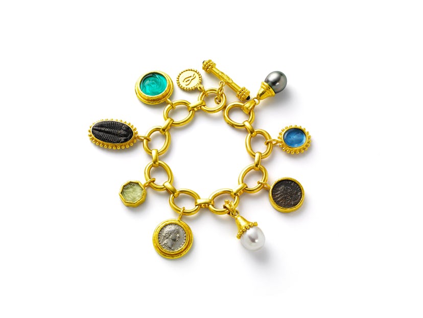Elizabeth Locke gold, Venetian glass intaglio, pearl, ancient coin, and Trilobite bracelet