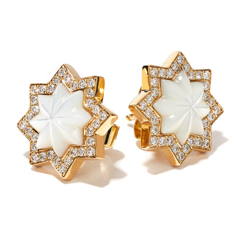 Octium gold, mother-of-pearl, and diamond earrings