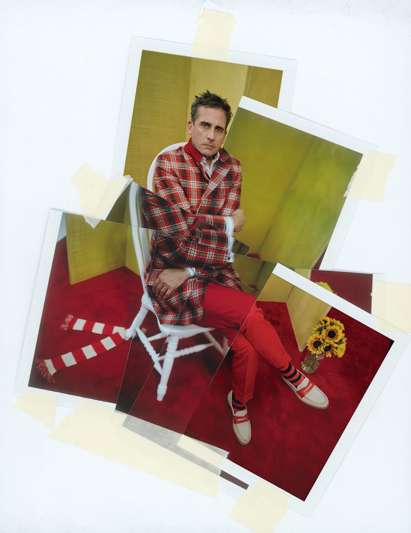 A collage of photos that make up one photo of Steve Carell in a checkered blazer and red pants as ho...
