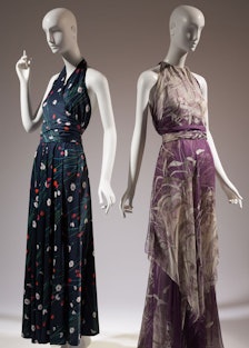 Halston printed knit cotton dress, c.1976, USA; and Yves Saint Laurent printed silk chiffon dress, 1...